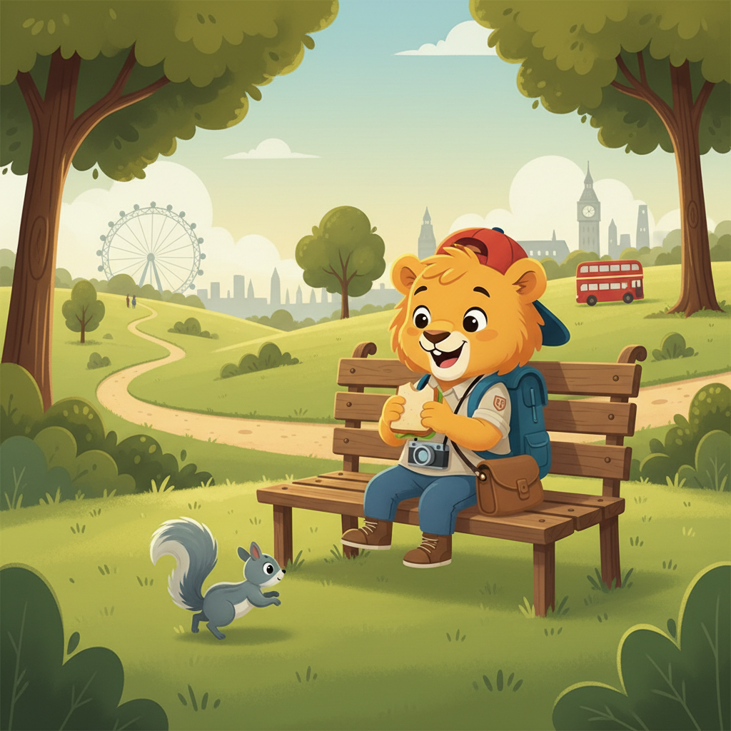 After a long day of sightseeing, Leo takes a rest in Hyde Park, a huge green space in the city center. He sits on a bench and watches a friendly grey squirrel run across the grass. Leo eats a sandwich and smiles, feeling happy about his wonderful day learning about London.