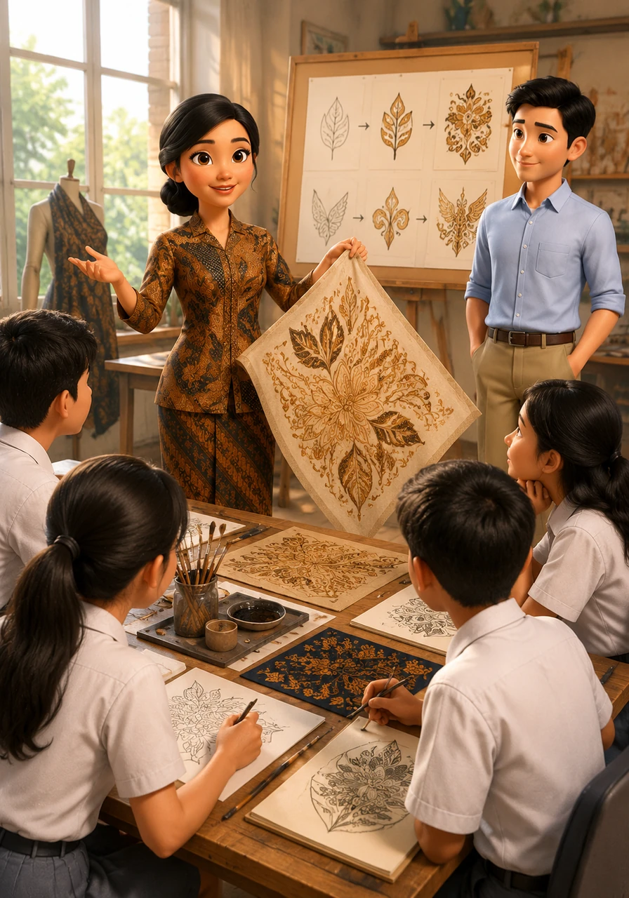In a sun-drenched art studio, Bu Aruna introduces a grand project to her eleventh-grade students. They are to create unique hand-drawn batik by using the stylization technique, which involves transforming natural forms into beautiful, decorative motifs.