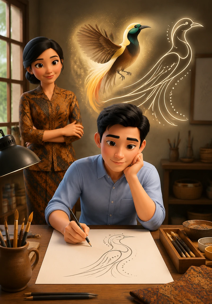 Bima sits at his desk, staring at a blank sheet of paper while imagining the form of a Birds-of-Paradise he wishes to transform. He begins to simplify the bird's body lines, adding artistic curves and harmonious dots without losing its original character.