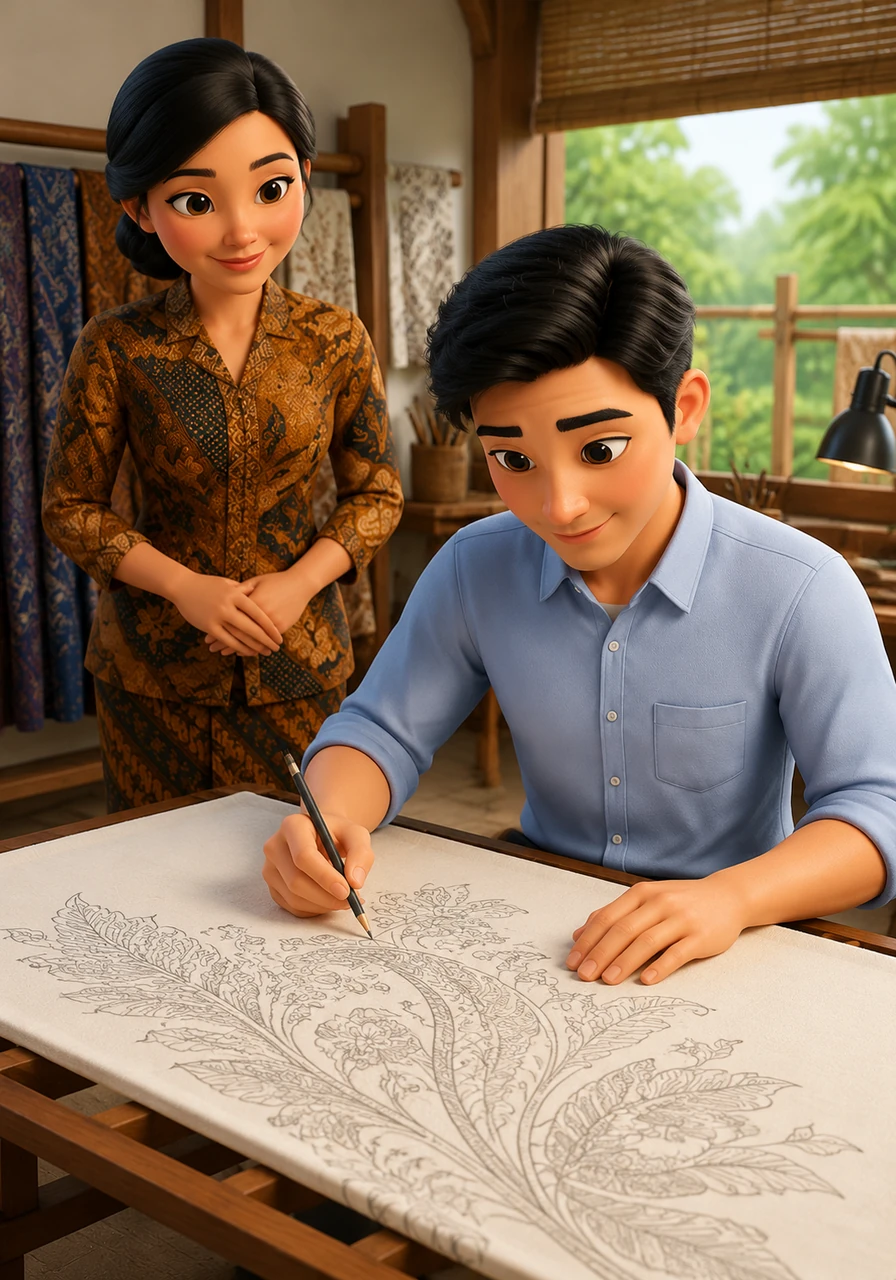 Once the stylized sketch is complete, Bima carefully transfers the design onto a piece of smooth white mori cloth. His pencil moves gently, ensuring every detail of the stylized motif is clearly visible as a guide for the waxing process later.