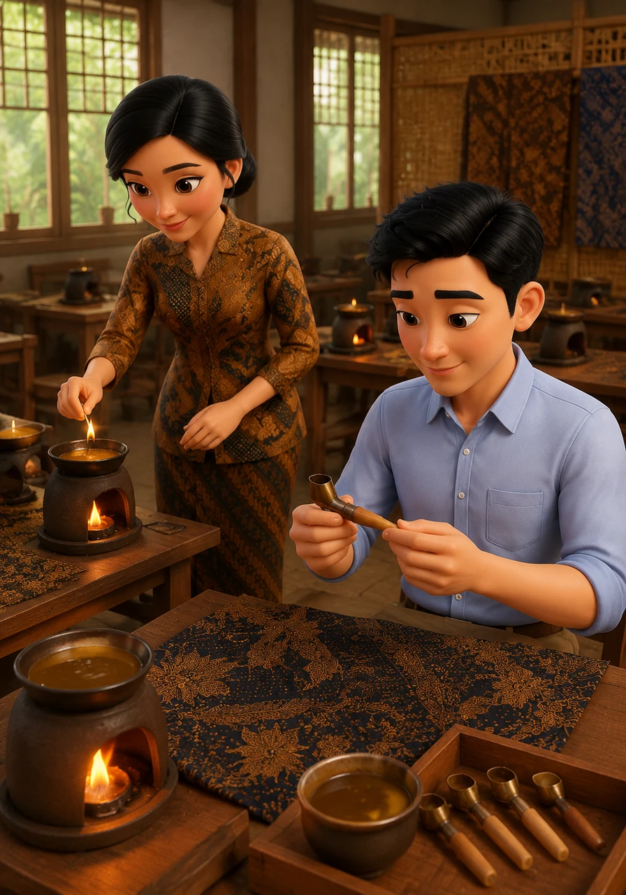 The scent of melting wax fills the room as Bu Aruna lights the small stoves at each group table. Bima prepares his canting, a traditional tool with a small copper spout that will flow the hot wax to seal the cloth fibers.