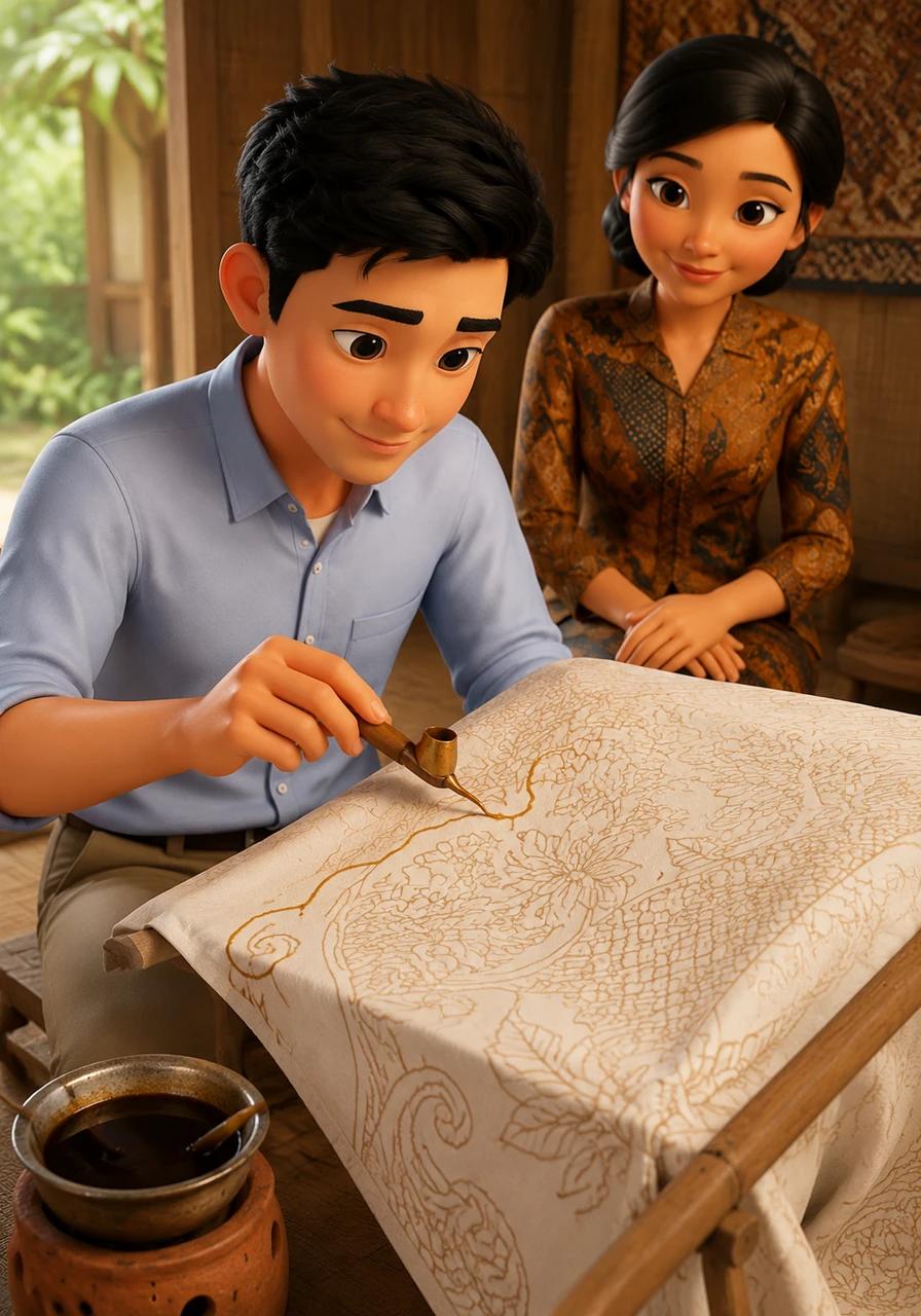 With a steady hand, Bima begins to apply the wax following the sketch lines on the cloth, a process known as nyanting. Every drop of wax must be precise so that the dye does not seep into the areas that are meant to remain white.