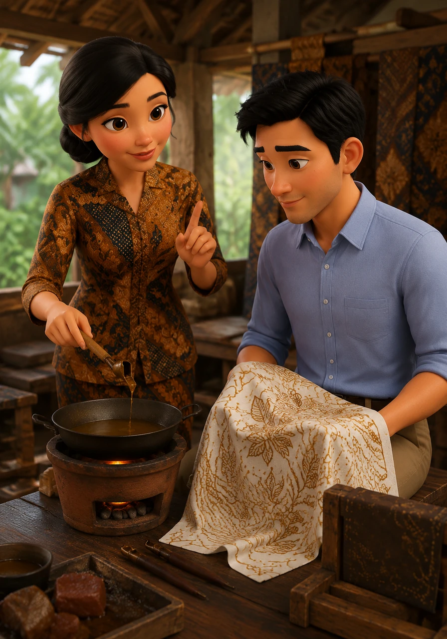 Bu Aruna approaches Bima and explains the importance of maintaining a stable wax temperature during the batik-making process. Bima learns that patience and precision are the primary keys to creating high-quality hand-drawn batik with immense artistic value.