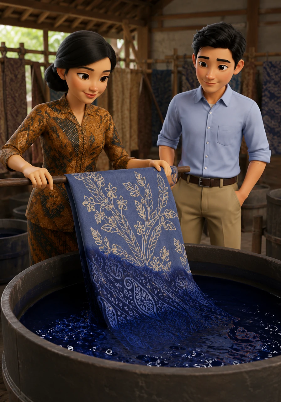 Once the entire motif is covered in wax, the cloth is ready to be dipped into a vat containing a deep blue synthetic dye. Bima watches as his mori cloth slowly changes color, while the parts covered by wax remain perfectly protected.