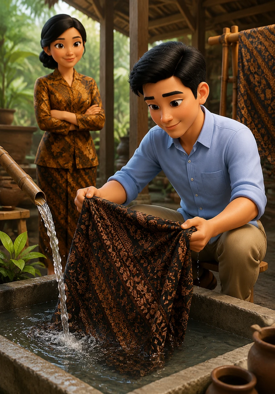 The next step is the color-locking process to ensure the motif does not fade when washed later. Bima rinses his cloth with clean water, looking hopefully at his work which is still covered in layers of dark brownish wax.
