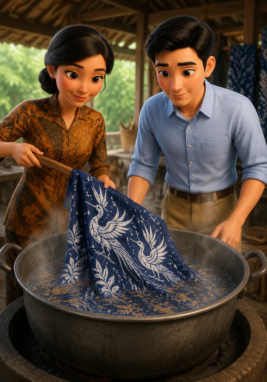 The long-awaited moment arrives: the pelorodan process, or removing the wax by boiling the cloth in hot water. Gradually, the wax layers melt away, revealing Bima’s stylized Birds-of-Paradise motif in pure white against the deep blue background.