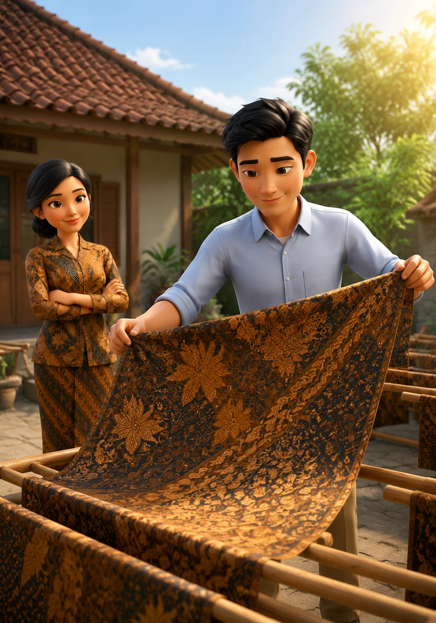 Bima spreads his dried batik cloth under the sunlight, feeling proud of his own creation. The work is not just a piece of fabric, but a blend of ancestral tradition and modern creativity born from the diligence of his own hands.