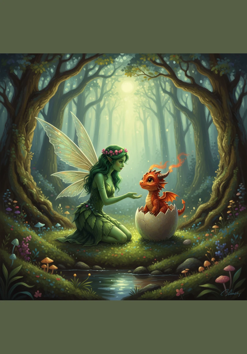 In the heart of the emerald glade, Elara the green fairy discovered a tiny, shimmering egg nestled among the soft moss. From the shell emerged Ember, a baby dragon with scales the color of autumn leaves, looking up at her with wide, curious eyes that mirrored the forest’s wonder.