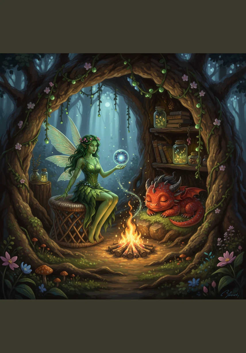 They made their home inside the hollow of an ancient, sprawling oak tree, decorating the walls with glowing mushrooms and soft swan feathers. Every morning, they shared dew-drop tea and watched the golden sunlight filter through the canopy, creating a private world that belonged only to them.