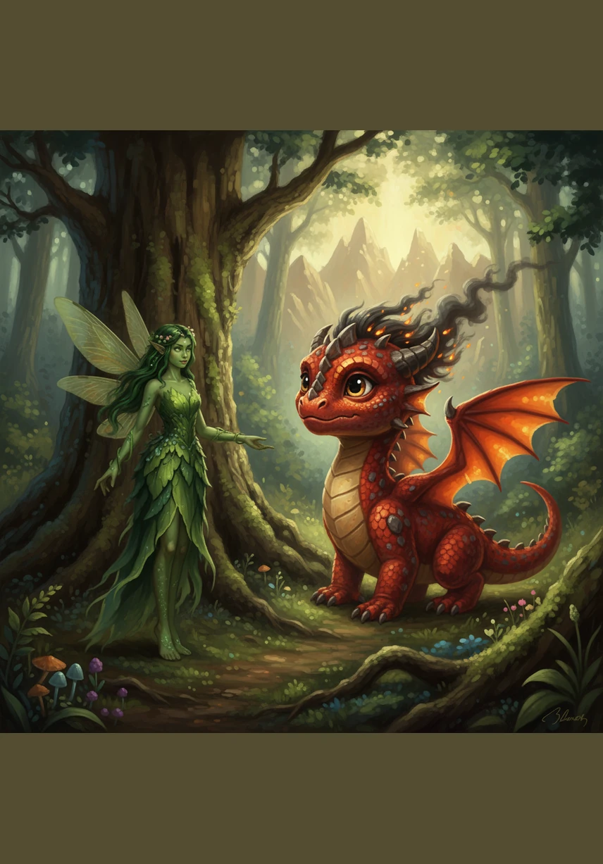But as Ember grew larger and his wings stronger, he began to yearn for the high mountain peaks, and Elara felt the forest calling her deeper into its ancient roots. They both realized with a heavy heart that Elara had nurtured the dragon he was meant to be, and her purpose in his life was reaching its natural end.