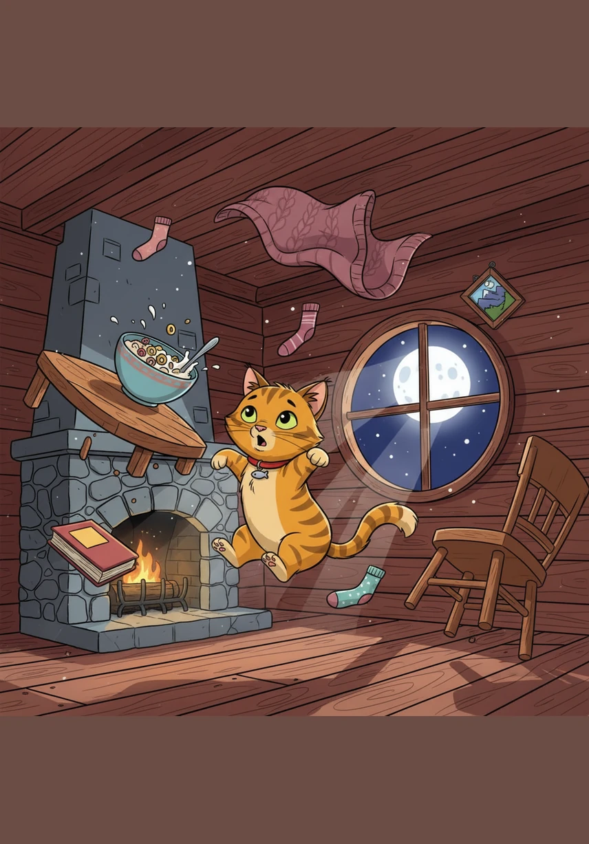 Suddenly, gravity let go, and Barnaby found himself tumbling gracefully through the air inside his cabin. His favorite toy mouse drifted past his nose, and a handful of spilled kibble floated around him like tiny, golden asteroids in the weightless silence.