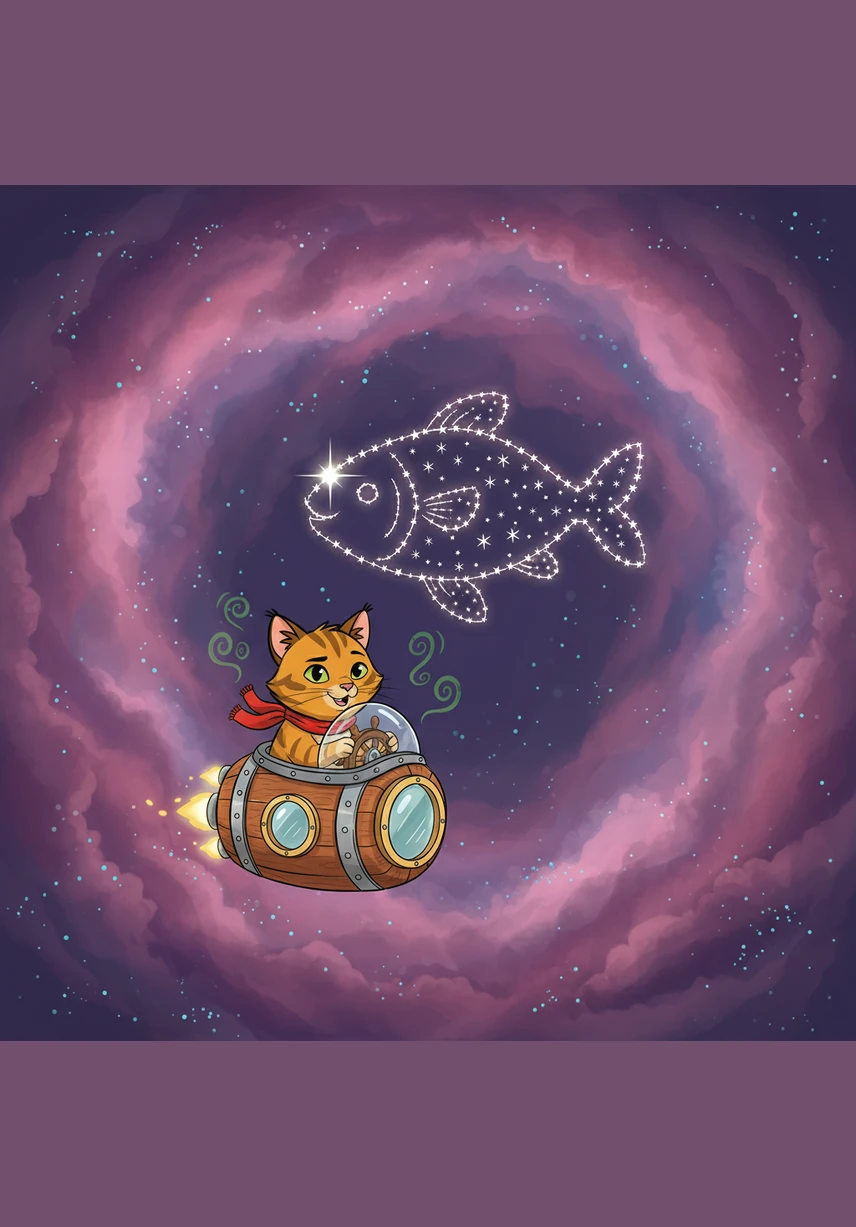He steered his ship through a shimmering nebula that glowed with hues of purple and pink, smelling faintly of catnip and old starlight. In the distance, a constellation of stars shifted their positions, forming the shape of a giant cosmic fish that seemed to wink at him.