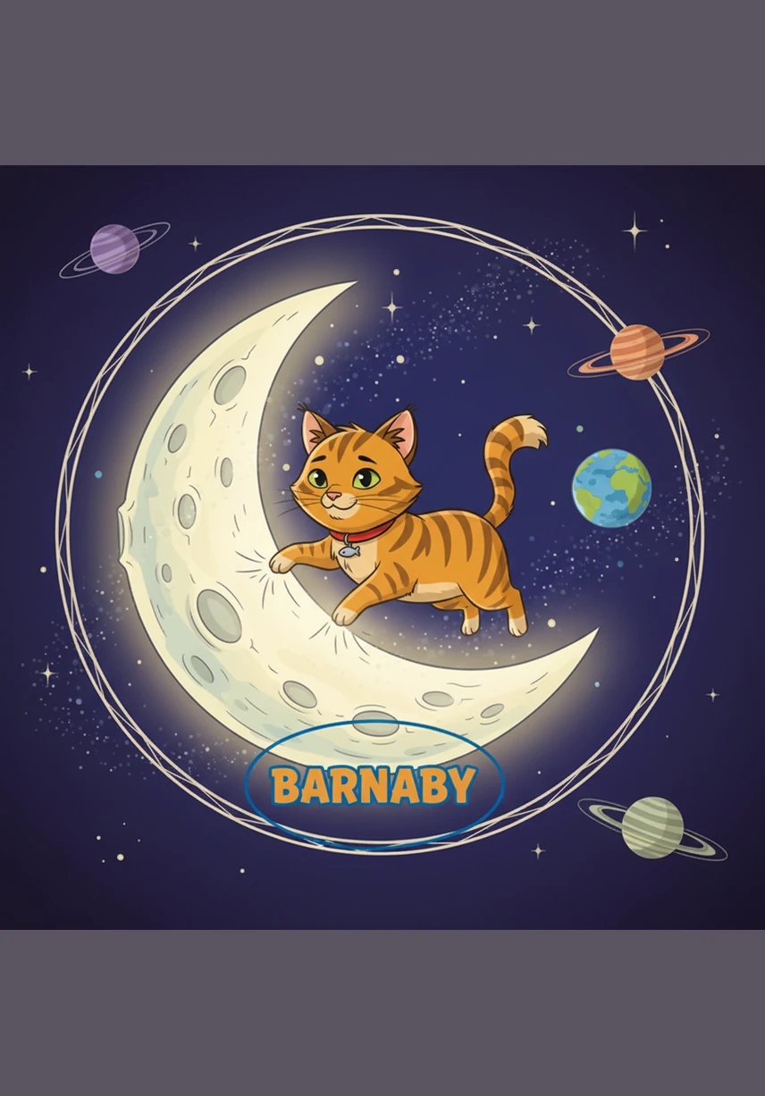 Barnaby touched down gently on the surface of a silent, glowing moon made of iridescent crystal. Every step he took left a glowing pawprint on the silver dust, and the silence of the lunar plains was as peaceful as a long Sunday nap in the sun.
