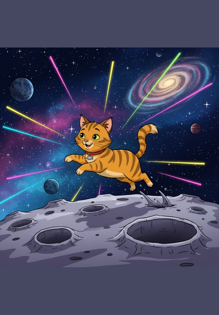 He spent hours leaping across deep craters, chasing streaks of light that zipped by like cosmic laser pointers. The universe was a vast, glittering playground, and for a little cat from the suburbs, the infinite space felt exactly like the home he had always imagined.