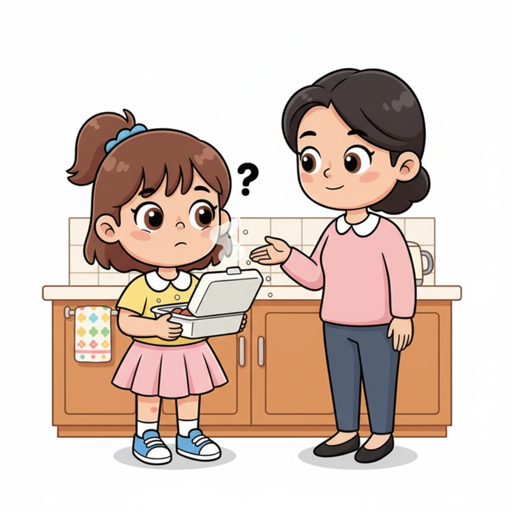 Lani dengan polos bertanya kepada Ibu, "Ibu, kenapa sup panas ini bau aneh di wadah styrofoam?" Ibu menjelaskan dengan lembut bahwa makanan panas bisa membuat styrofoam melepaskan partikel-partikel kecil yang tidak terlihat. Lani mendengarkan dengan serius, mencoba memahami.