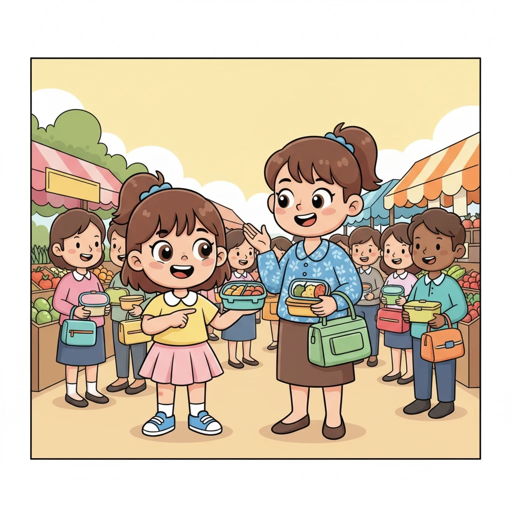 Suatu hari, Lani dan Ibu berkunjung ke pasar, dan mereka melihat banyak orang menggunakan wadah makanan yang bisa dipakai ulang. Mereka terkejut dan sangat tertarik melihat beragam bentuk serta warna wadah tersebut. Lani tersenyum, menyadari ada solusi lain.