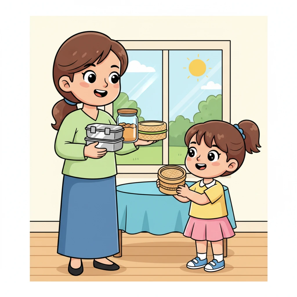 Ibu menunjukkan berbagai jenis wadah makanan yang aman dan ramah lingkungan kepada Lani, seperti wadah baja tahan karat, kaca, dan bambu. Lani menyentuh setiap wadah dengan rasa ingin tahu dan kagum. Ia belajar tentang pilihan-pilihan yang lebih baik.