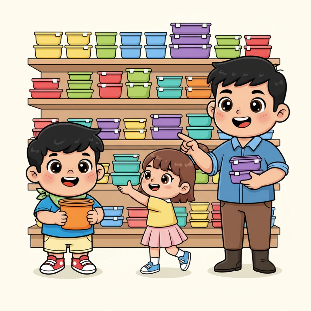 Keluarga Lani memutuskan untuk membeli beberapa wadah baru yang berwarna-warni dan bisa dipakai ulang untuk makanan panas mereka. Mereka semua sangat senang dan bersemangat memilih wadah favorit masing-masing. Ini adalah langkah kecil untuk perubahan besar.