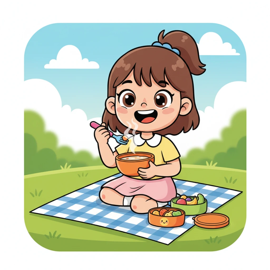 Sekarang, Lani menikmati sup panasnya saat piknik dalam wadah yang cerah dan bisa dipakai ulang. Ia tersenyum lebar, supnya terasa lebih segar dan lezat tanpa bau aneh. Lani merasa senang karena ia telah membuat pilihan yang baik.