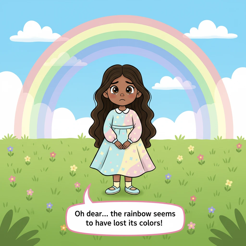 A vibrant cartoon illustration shows Alice, a child with dark brown long hair and brown eyes, wearing a pastel dress, standing in a cheerful, green me