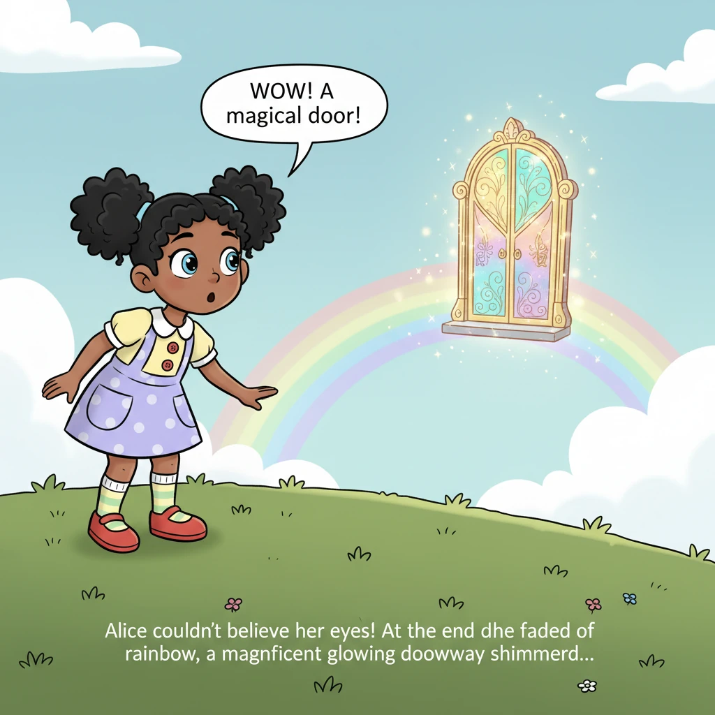 The scene shifts slightly, showing Alice's expression changing to surprise and wonder. Her eyes are widened, eyebrows lifted, and a curious, amazed lo