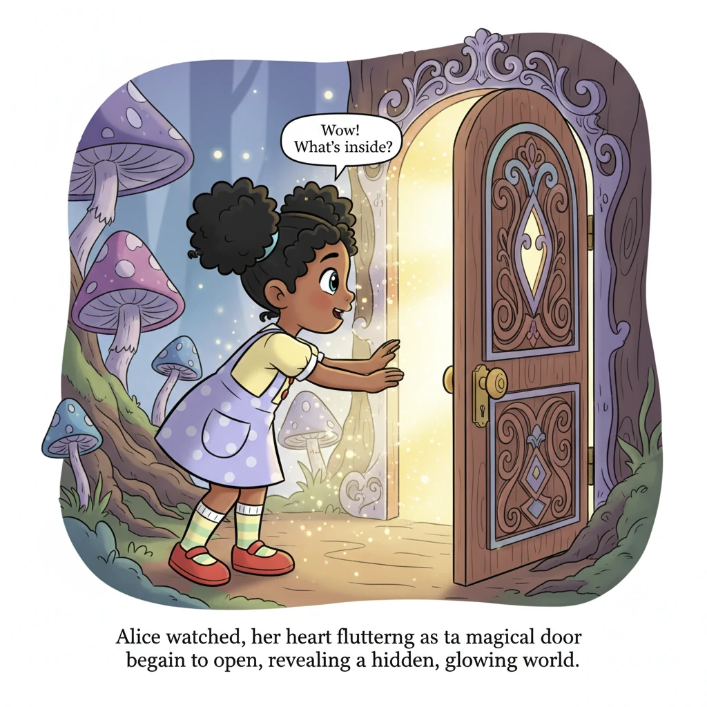 Alice stands before the magical door, which is now slowly opening with a gentle, inviting glow. The door has an intricate, whimsical design, consisten