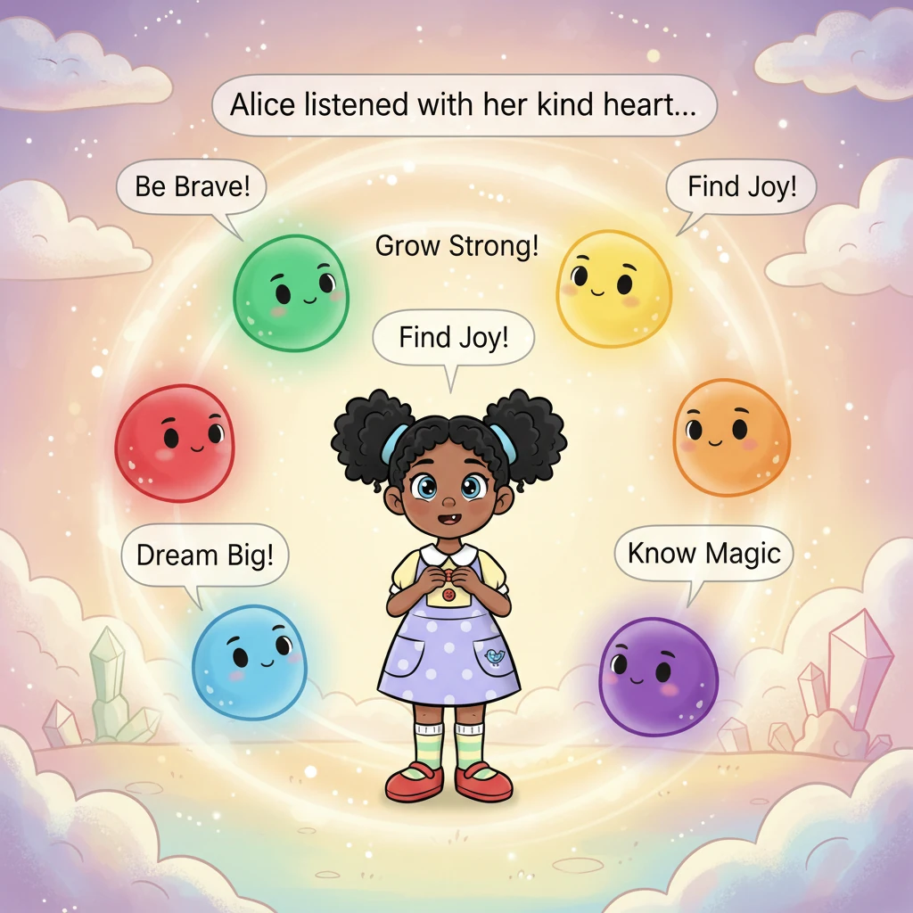 Inside the Magical Rainbow World, Alice is surrounded by soft glowing magical light auras, each representing a color and its message. Red, green, yell
