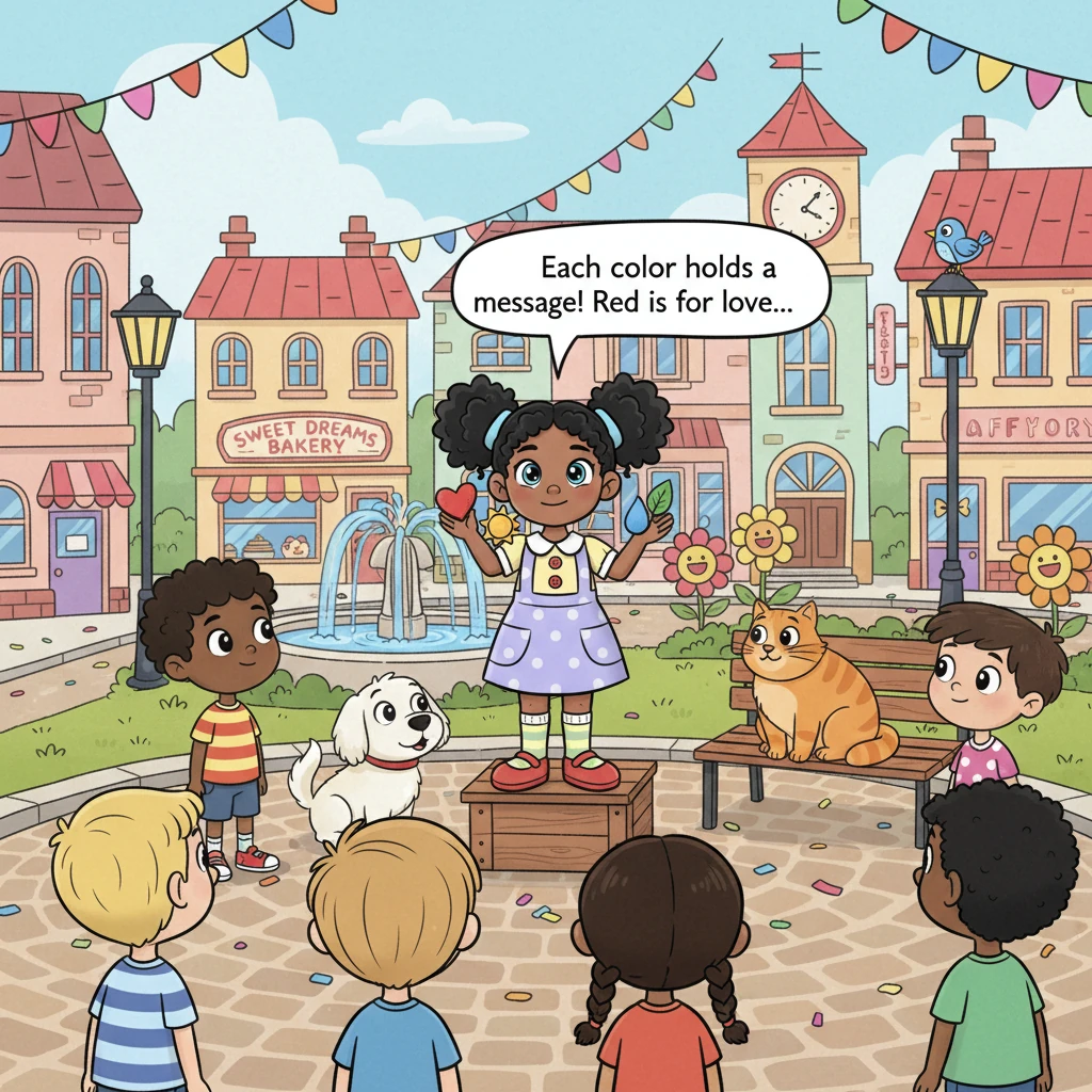 Alice, with a determined and kind expression, shares the colors' messages with others in a cheerful, bustling town square. She is shown talking to a g