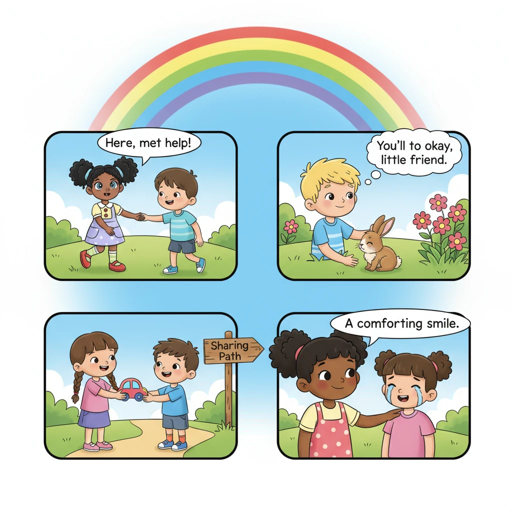 A series of small, delightful vignettes show various acts of kindness inspired by Alice's message. One shows a child helping another, a small animal b