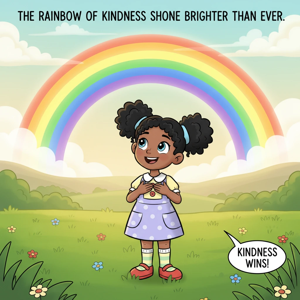 Alice stands in the meadow, looking up at a magnificent, fully restored bright rainbow arcing across the sky, its colors more brilliant than ever. Her