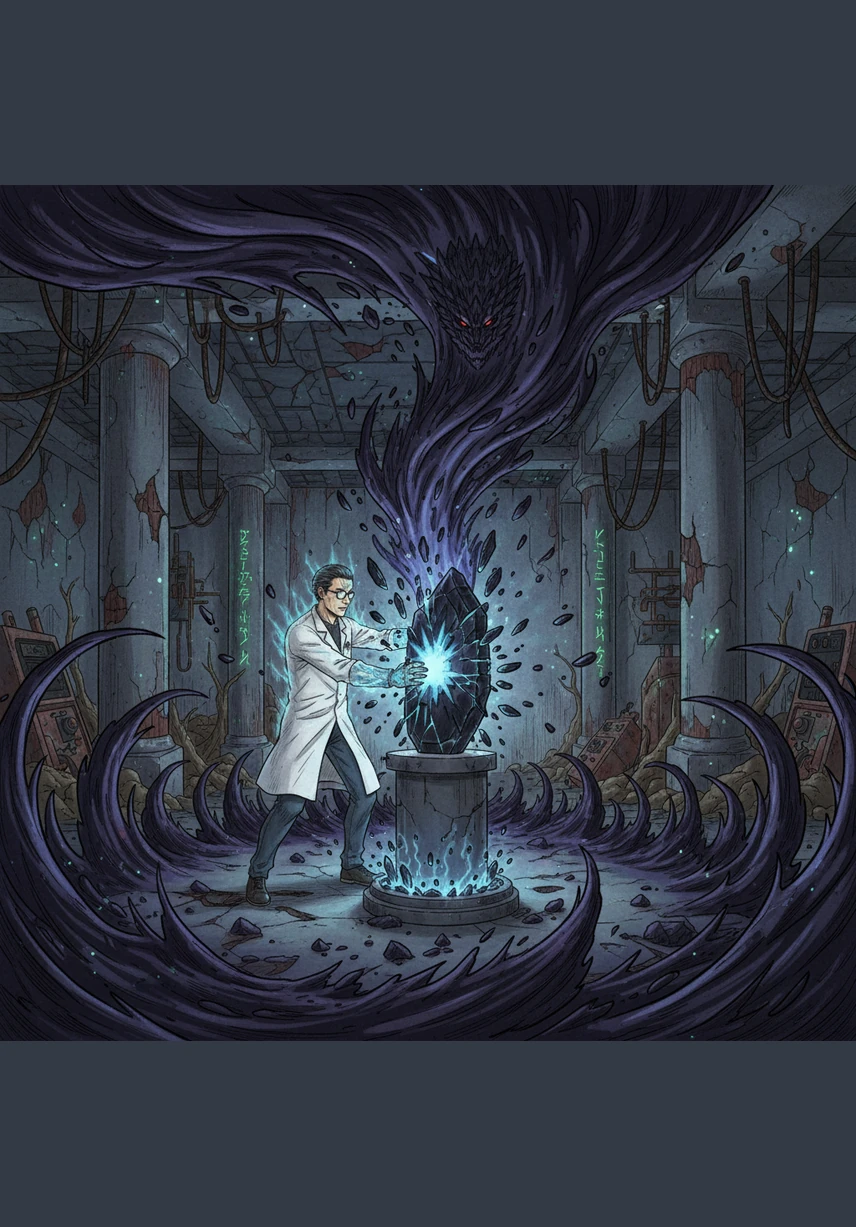 Deep in a forgotten laboratory beneath the city, Dr. Arisawa shatters an ancient obsidian seal with a pulse of forbidden technology. A cold, malevolent aura begins to seep into the air, signaling the return of a forgotten nightmare.