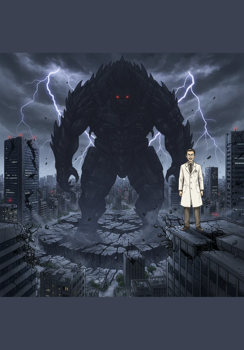 The ground beneath the Shinjuku district cracks open as the monstrous shadow of the Orochi-Kai rises, towering over the skyscrapers. Dr. Arisawa stands on a nearby ledge, his eyes gleaming with the mad ambition of ruling a broken world.