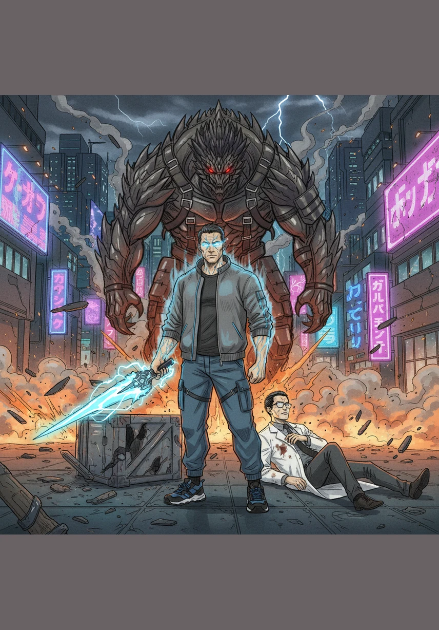 Chaos erupts through the neon-lit streets as citizens flee the colossal beast’s path of destruction. Kaito stands atop a high-rise, watching the sky turn a bruised purple, knowing that his time of hiding has finally come to an end.