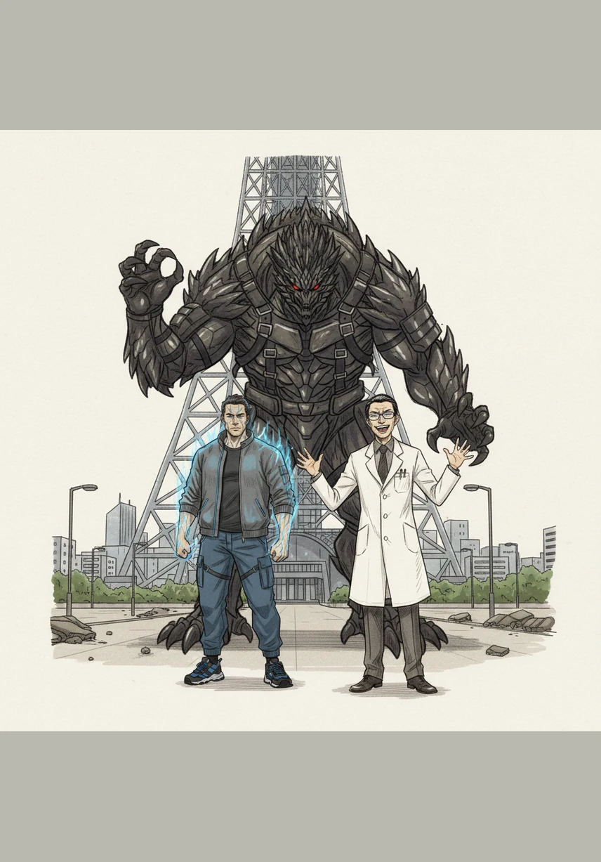 Kaito confronts the traitorous doctor at the base of the Tokyo Skytree, where the air hums with dark electricity. Arisawa laughs, claiming that the monster is the only way to cleanse the city of its flaws.