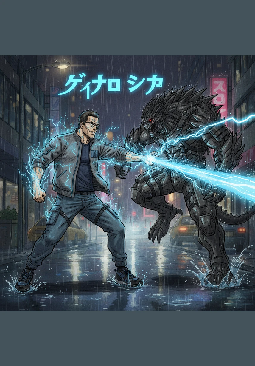 The battle begins as Kaito unleashes his inner light, clashing against the monster’s obsidian scales with the force of a falling star. Each strike illuminates the rainy streets, turning the night into a kaleidoscope of brilliant blue and terrifying shadow.