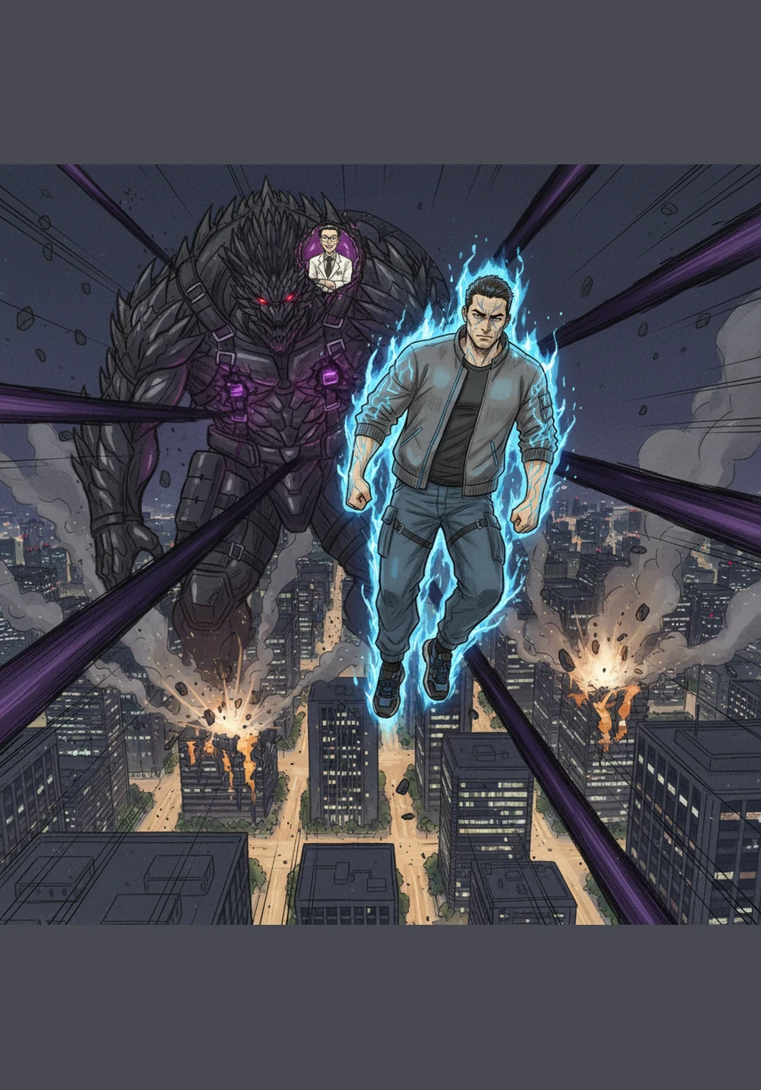 High above the city, Kaito soars through the air, dodging beams of dark energy that vaporize steel and glass. He pushes his body to the limit, his glowing veins straining as he gathers every ounce of his immense power.
