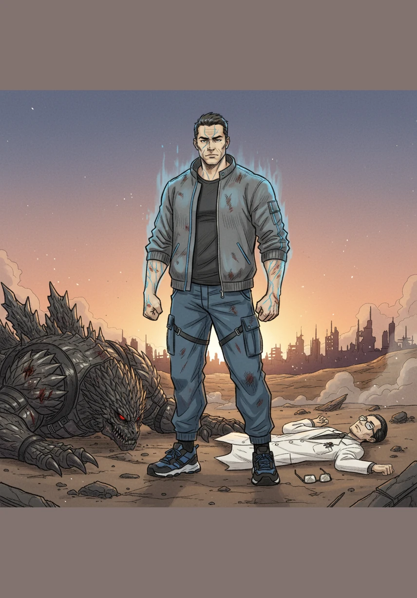 As the first light of dawn touches the horizon, the monster and its helper vanish into dust, leaving the city in a fragile peace. Kaito stands alone amidst the ruins, his power finally quiet, watching the sun rise over a Tokyo that is safe once more.