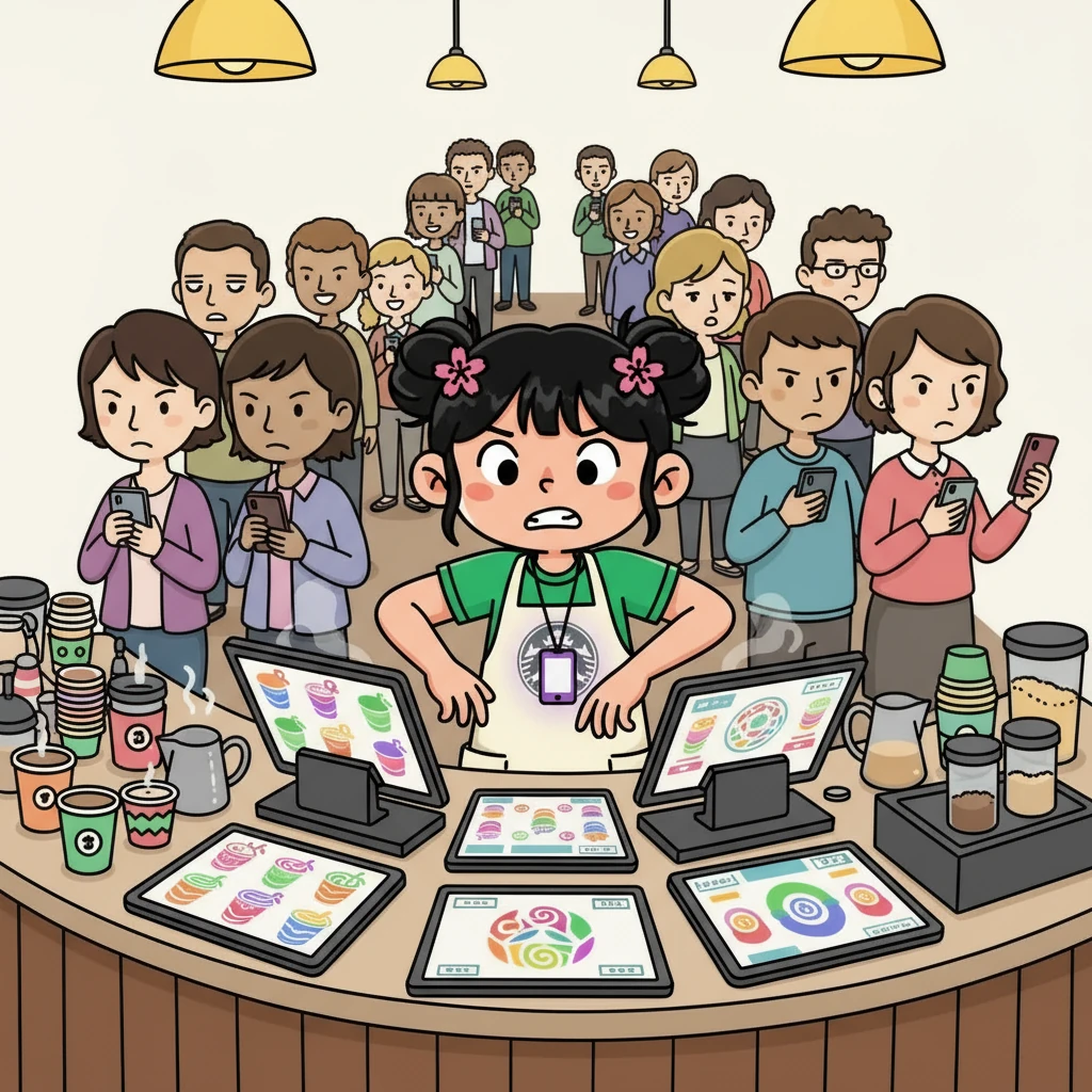 The app allowed customers to customize their orders in intricate detail, leading to a flurry of complex requests. Mei found herself juggling multiple screens, trying to keep track of each unique drink. The line of customers grew longer, and the pressure mounted.