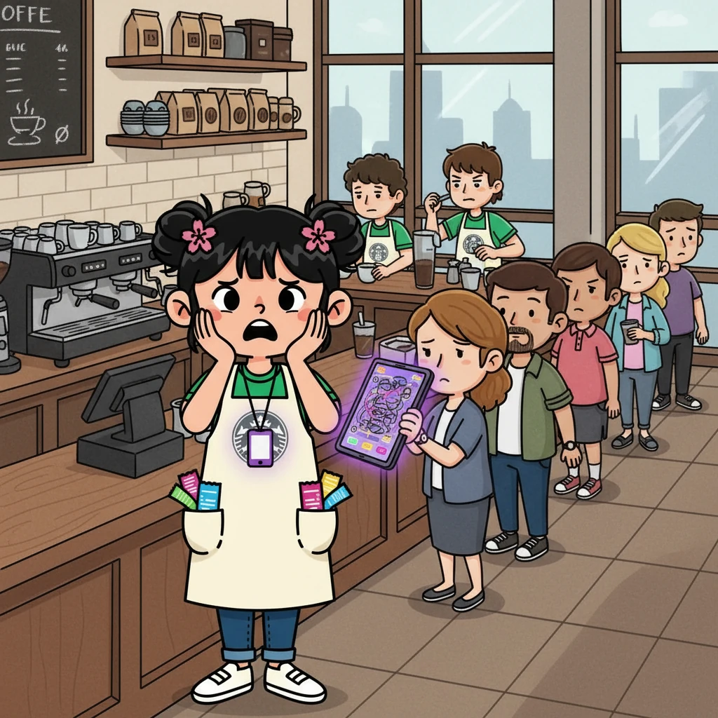 One particularly busy morning, Mei felt overwhelmed by the app's complexity. Customers tapped their feet, and the other baristas looked stressed. Mei sighed, wishing for a simpler way to connect with her customers and make their perfect coffee.