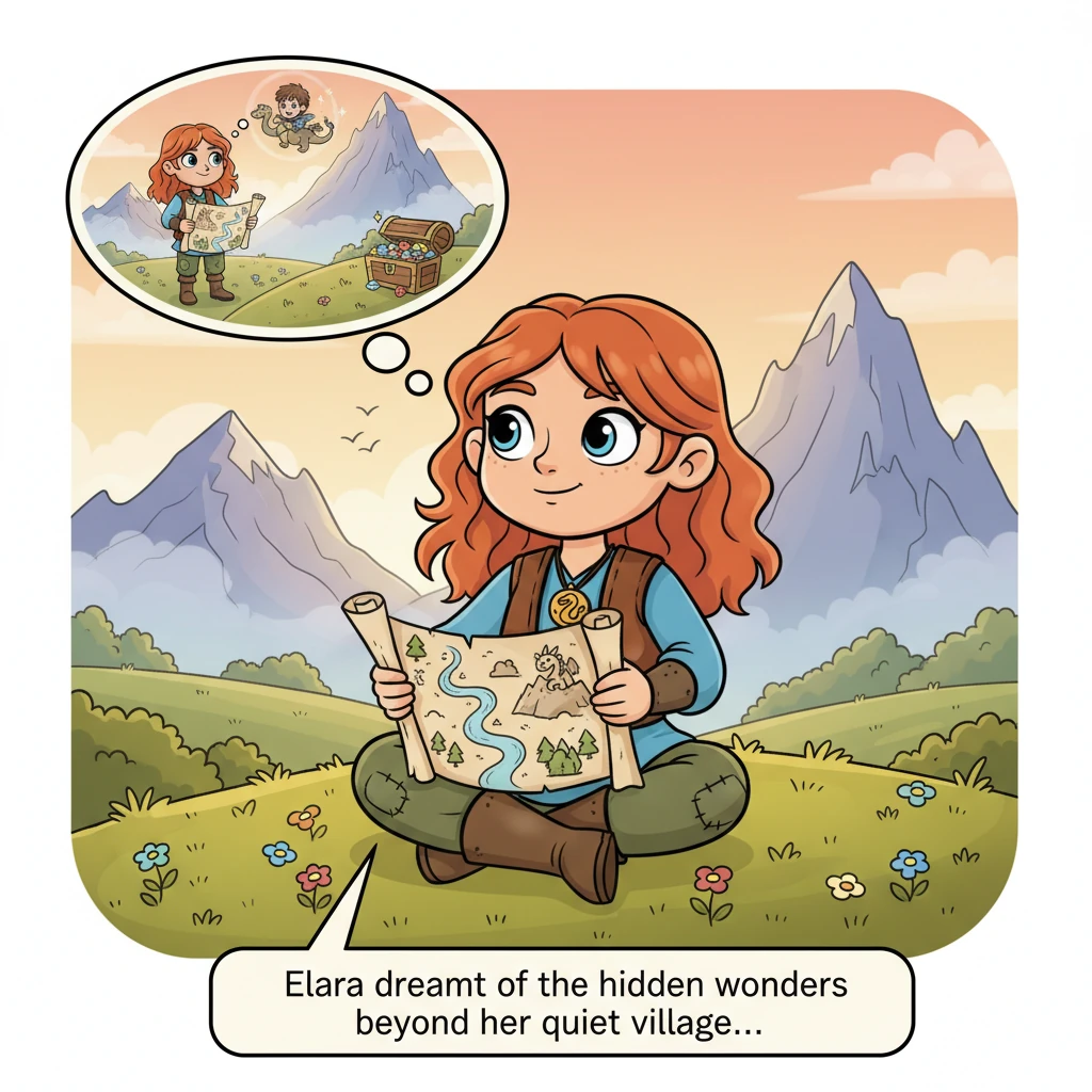 Elara, a small girl with bright, curious eyes, sits on a sun-drenched hill, gazing at the distant, mist-shrouded mountains known as the Whispering Pea