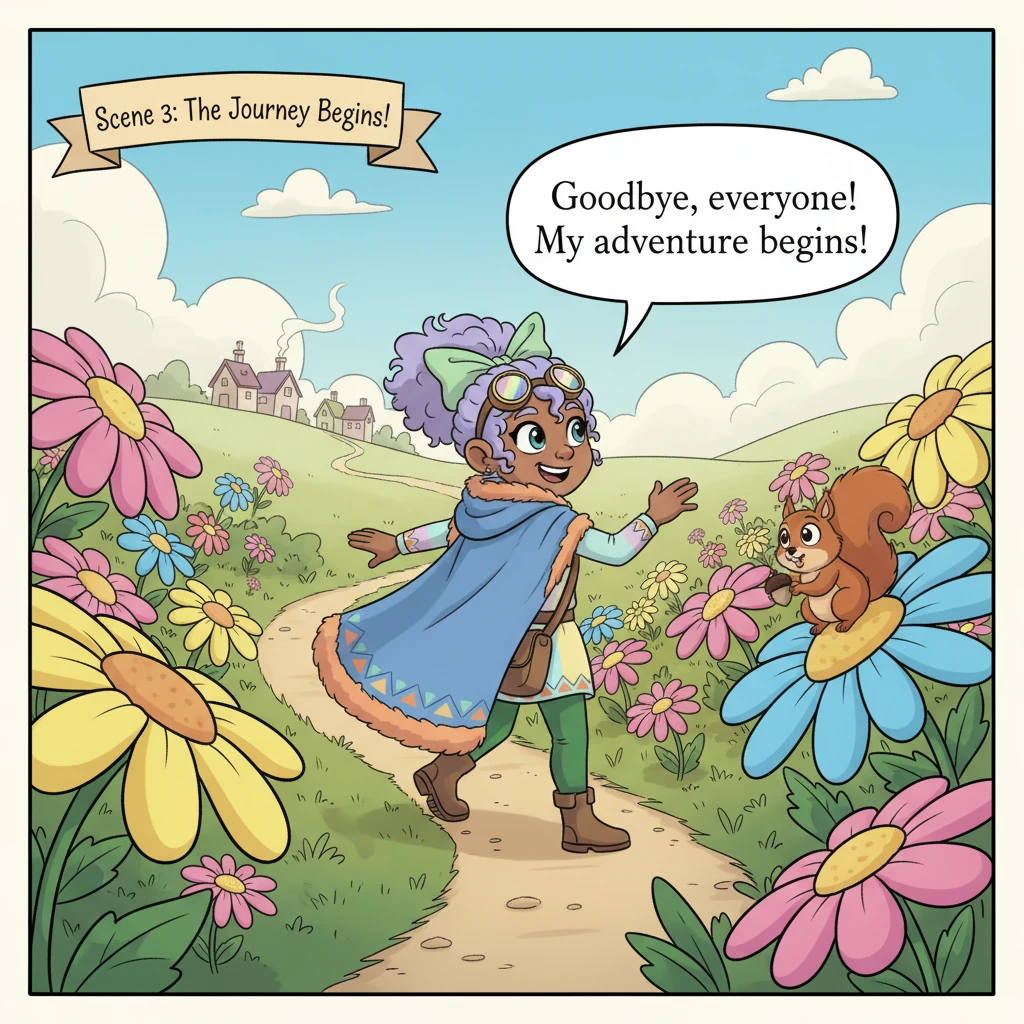 With her trusty knapsack packed with snacks and a compass, Elara bids farewell to her sleepy village, ready for an epic journey. Her path winds throug
