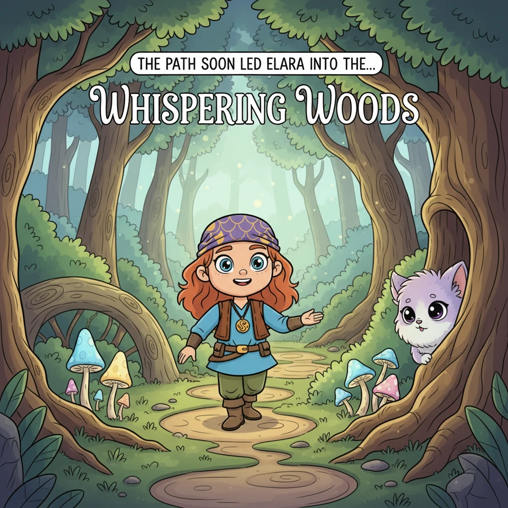 The path soon leads her into the Whispering Woods, a magical forest where trees have shimmering leaves and ancient roots twist into whimsical shapes.