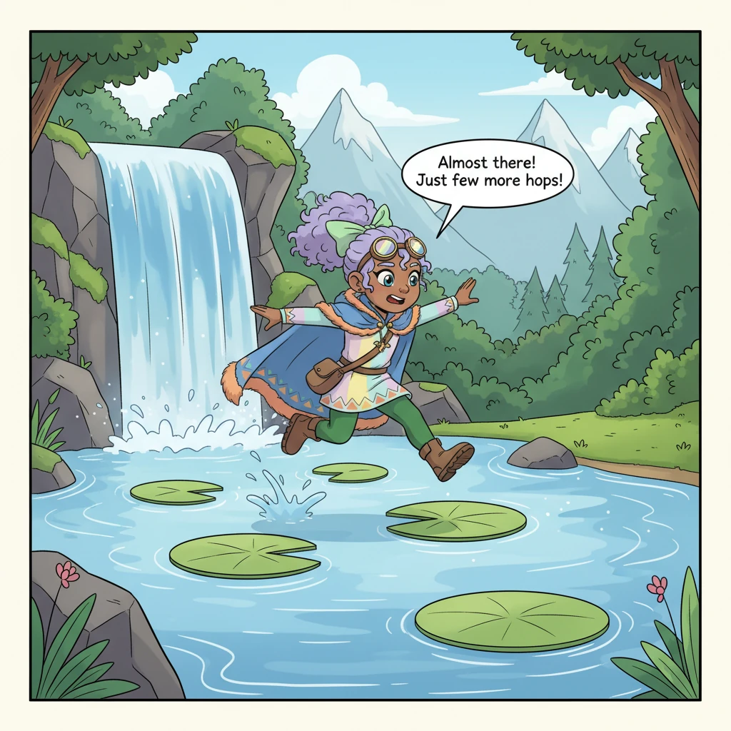 Deep within the forest, Elara encounters a shimmering waterfall cascading into a crystal-clear pond. To cross, she must hop across a series of floatin