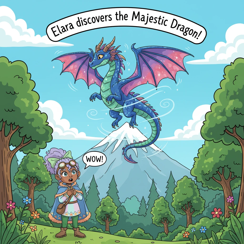 Finally, Elara emerges from the woods, and there, before her, soaring majestically over the highest peak, is a magnificent dragon! Its scales shimmer