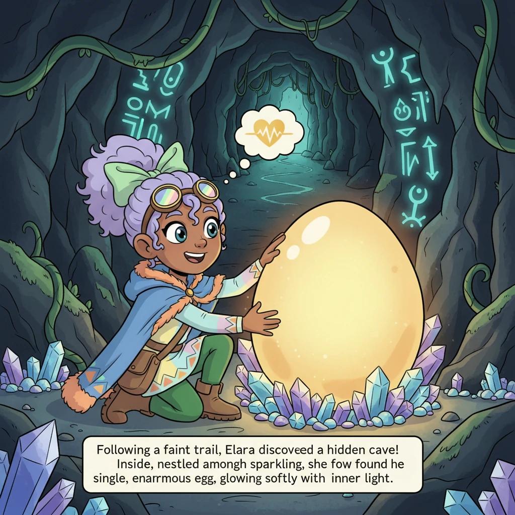 Following a faint trail, Elara discovers a hidden cave entrance, adorned with ancient, glowing symbols. Inside, nestled among sparkling crystals, she
