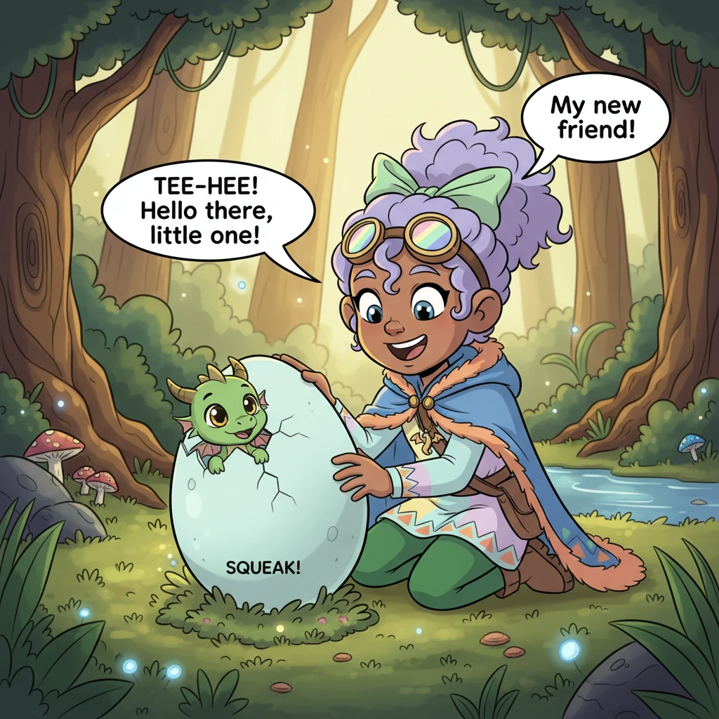 Just as Elara gently touches the egg, a tiny crack appears, and a miniature dragon hatchling peeks out! Its eyes are wide and curious, and it lets out
