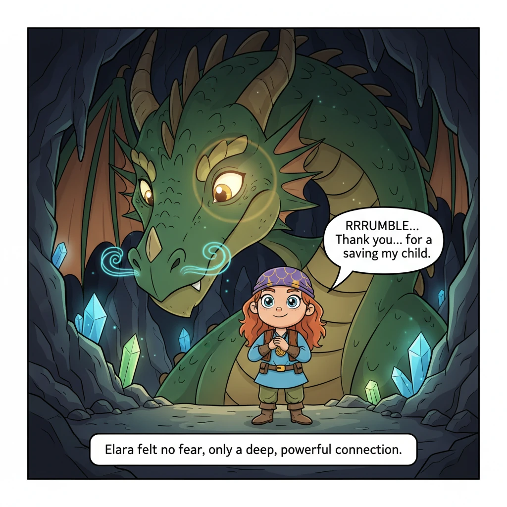 A shadow falls over the cave entrance, and a colossal, gentle dragon, the hatchling’s parent, slowly lowers its head, observing Elara with wise, kind