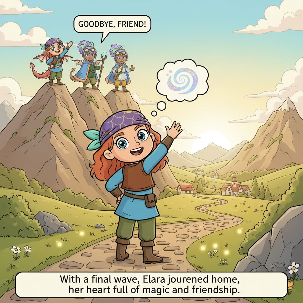 With a final wave to her new dragon friends, Elara begins her journey home, her heart full of incredible memories and a secret treasure – the knowledg