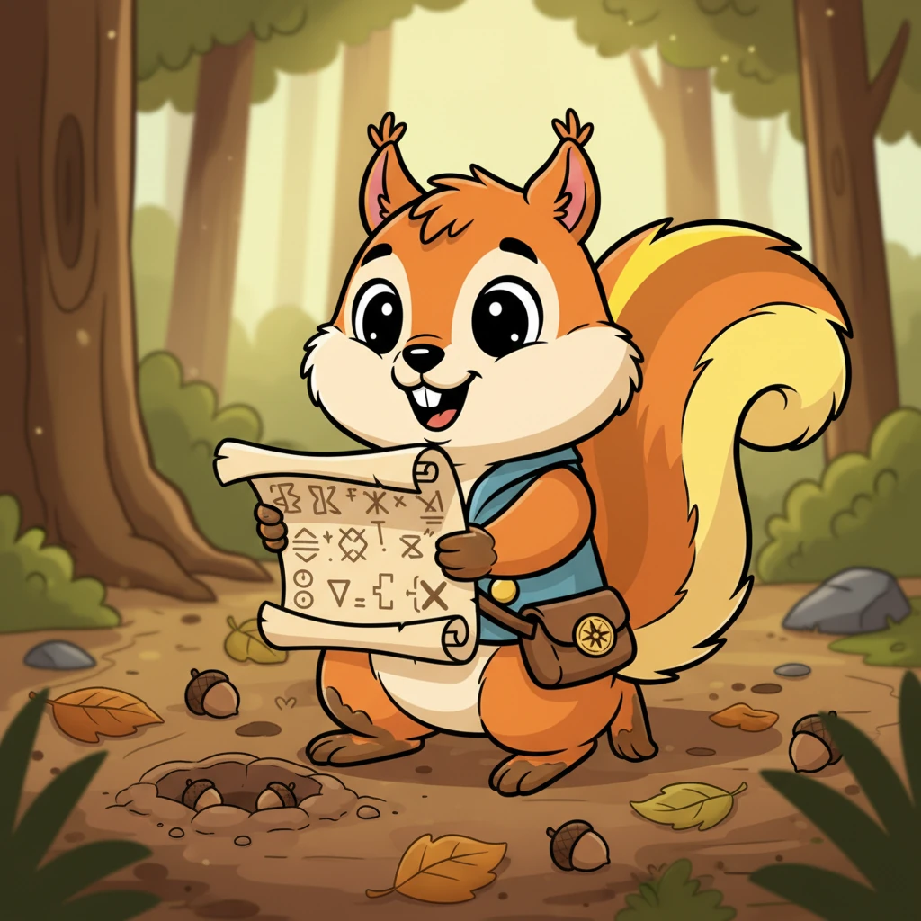 Pip, a small, energetic squirrel, was busy burying acorns when his paw nudged something crinkly and old. He pulled out a beautifully rolled-up parchment, tied with a faded ribbon, covered in strange symbols. His eyes widened with curiosity as he unrolled it, a grand adventure sparkling in his gaze.