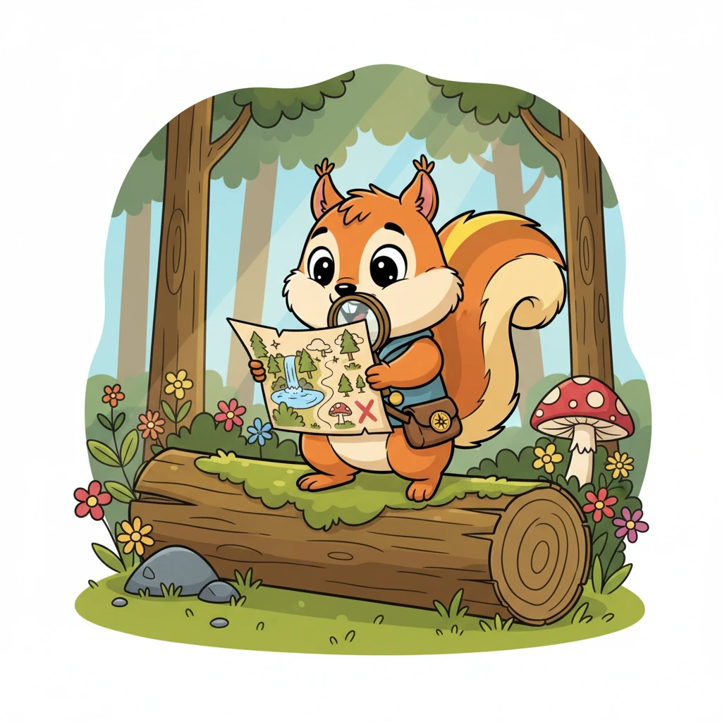 Pip perched on a mossy log, carefully examining the treasure map. It showed a winding path through the forest, marked with an 'X' at the end, and whimsical drawings of landmarks like a sparkling waterfall and a giant mushroom. A tiny magnifying glass, perhaps found nearby, helped him decipher the clues with an excited squeak.